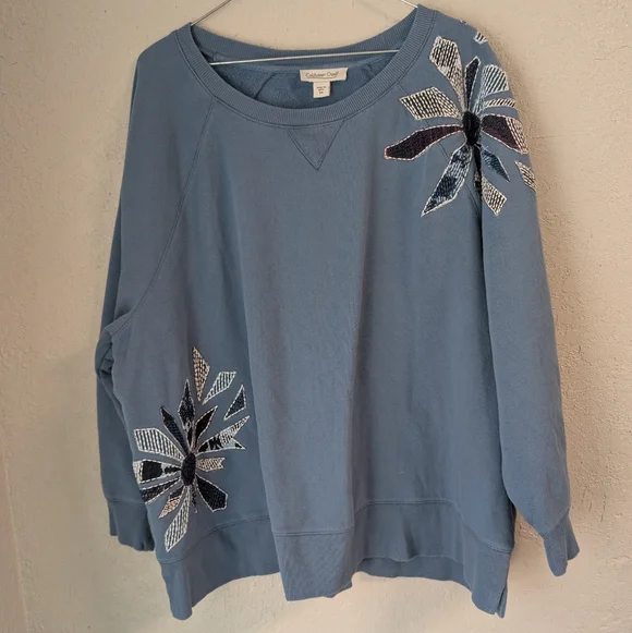 Blue Floral Embroidered Sweatshirt 2X Grannycore Patchwork Indie Boho Hippie - Picture 1 of 11